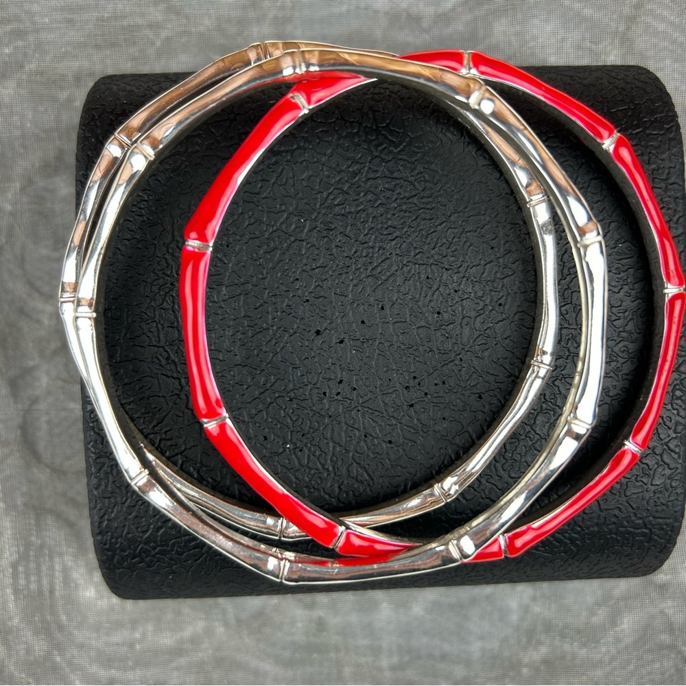 Macy's Coastal Bamboo Enamel Coated Red & Silver Bangle Bracelet Set Festival